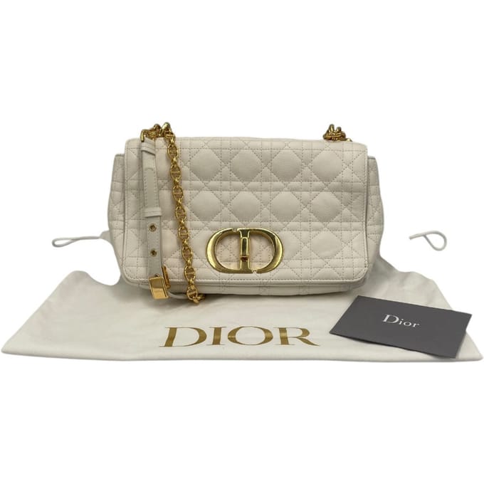 Dior Caro Medium Witte Cannage Leer Goud