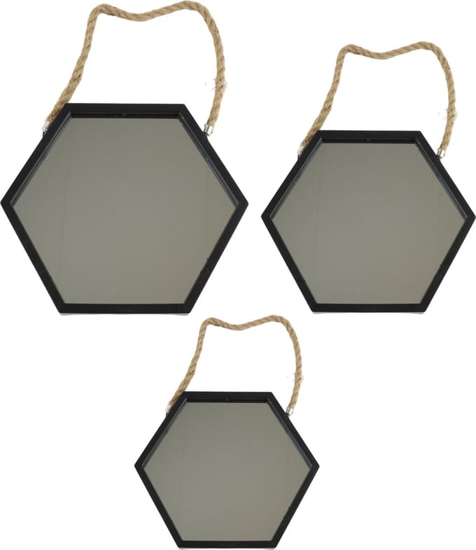 Orange85 Spiegel - Hexagon - Set 3 Delen - Zwart glas - Touw