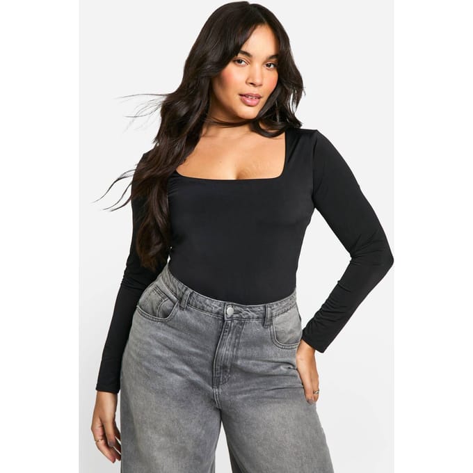 Dames Boohoo Basics Plus Dubbel Laag Slinky Square Neck Bodysuit | Black | Maat: 28