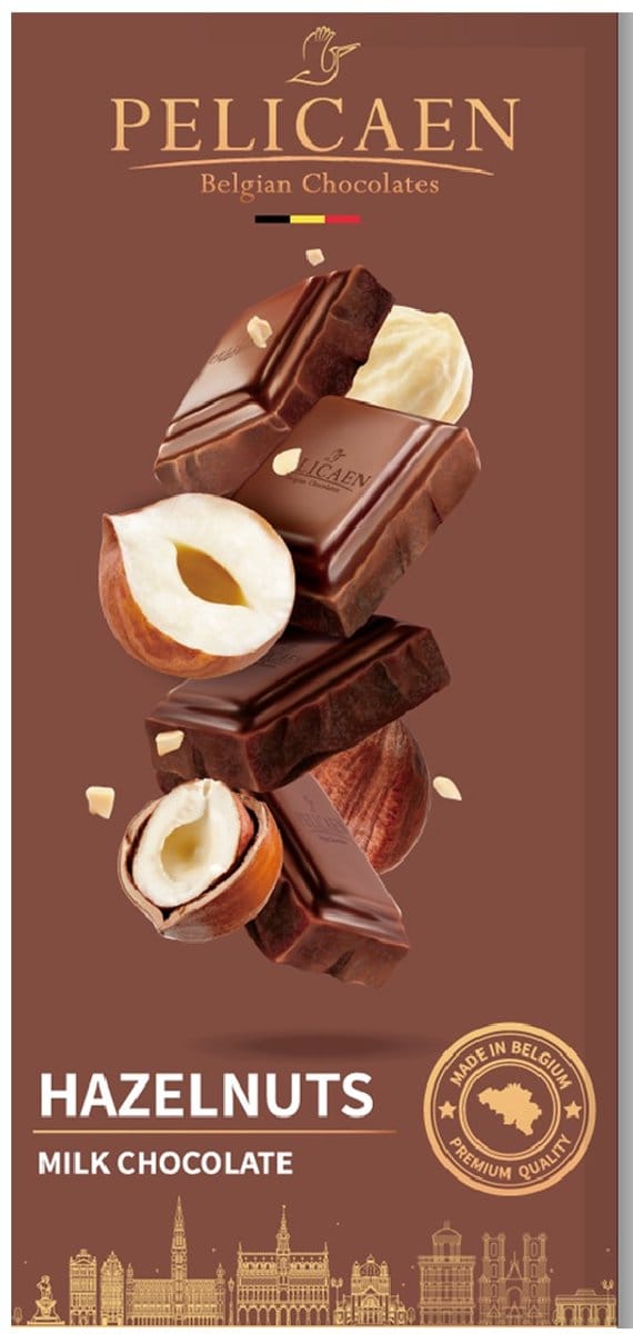 Pelicaen Belgian Chocolates - Chocoladereep - melk +8% hazelnoten - 100g x 12