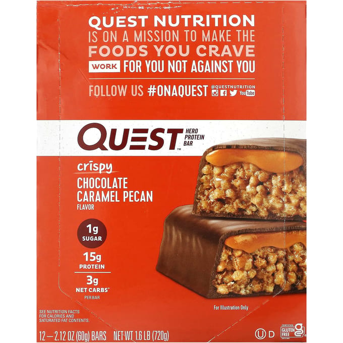 Quest Nutrition, barres protéinées Hero, saveur chocolat caramel et noix de pécan croustillantes, 12 barres de 60 g (2,12 onces) chaque