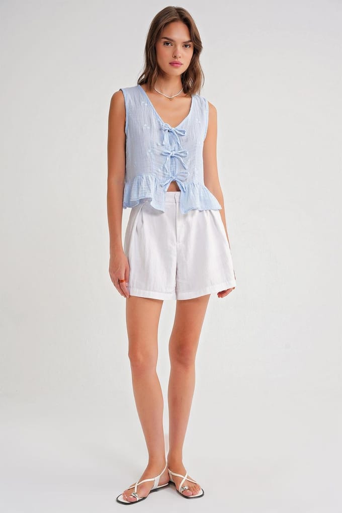 Gestructureerde V-hals Crop Blouse met Strik