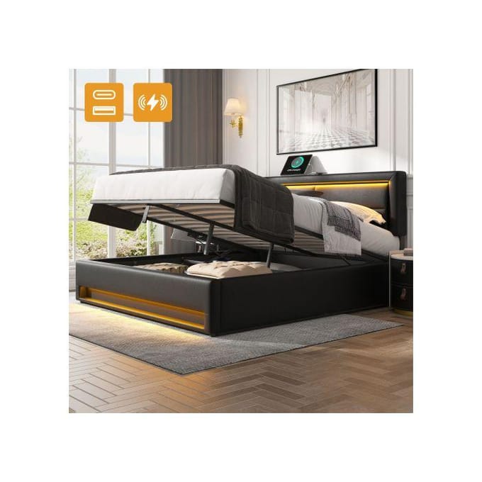 Lit rembourré - MUVOE - 140x190 cm - USB - Éclairage LED - Rangement sous le lit noir