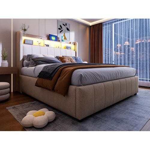 ModernLuxe Linnen gestoffeerd opbergbed 140x200cm - met LED + stopcontacten - Beige