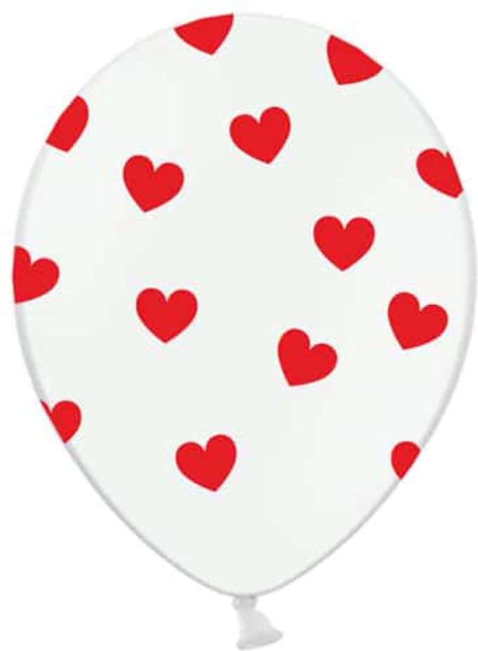 Partydeco - Ballonnen wit hartjes rood 50 stuks