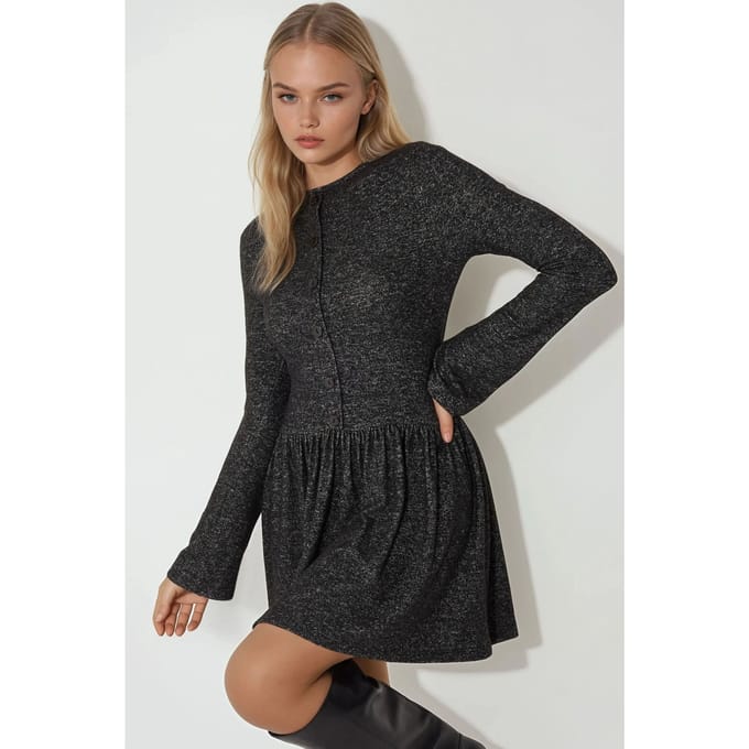 Korte Mouwen Skater Mini Jurk met Knopen Detail