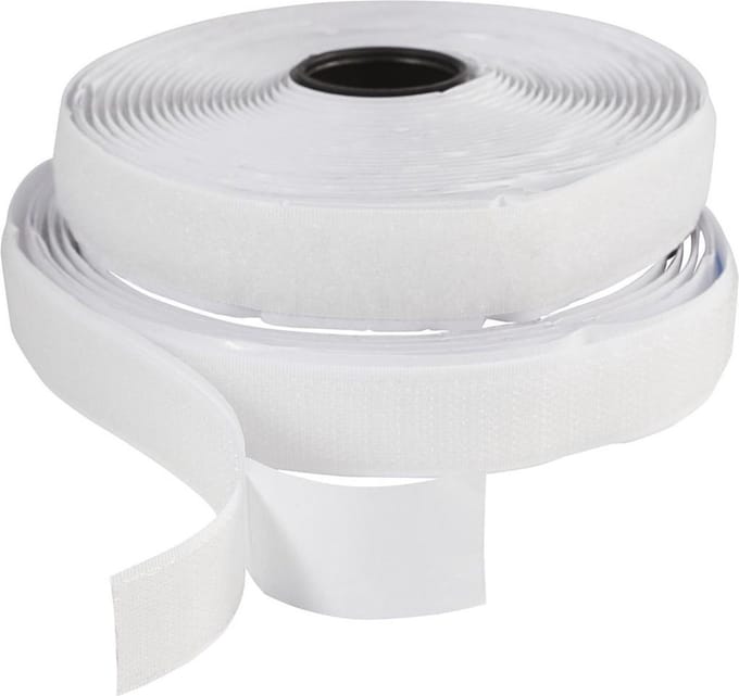 Klitteband haak en lussluiting, zelfklevend, B: 20 mm, wit, 5 m/ 1 rol