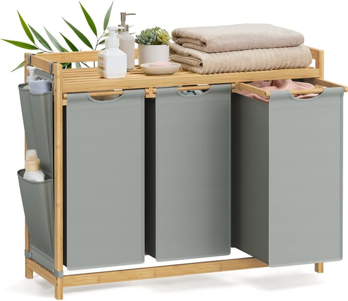 SONGMICS - Wasmand - Wasmand met 3 Vakken - Bamboe - 150L Capaciteit - Met Opbergrek