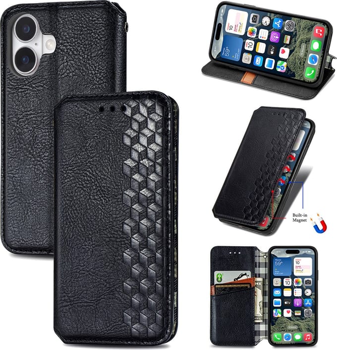 Luxe PU Lederen Ruitpatroon Wallet Case + Screenprotector voor iPhone 16 _ Zwart