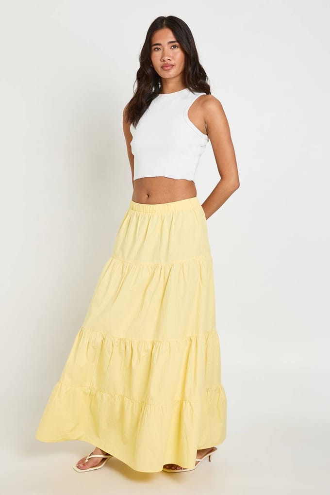 boohoo Dames Poplin Gelaagde Maxi Rok | Citroen | Maat: 38