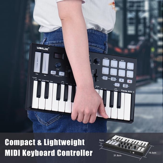 WORLDE Panda MINI II draagbare 25-toetsen USB MIDI-toetsenbordcontroller met 8 RGB-verlichte triggerpads 4 white