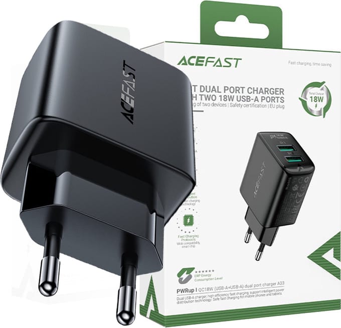 Acefast - wandlader - 2x USB 18W QC 3.0, AFC, FCP zwart - (A33 - zwart)