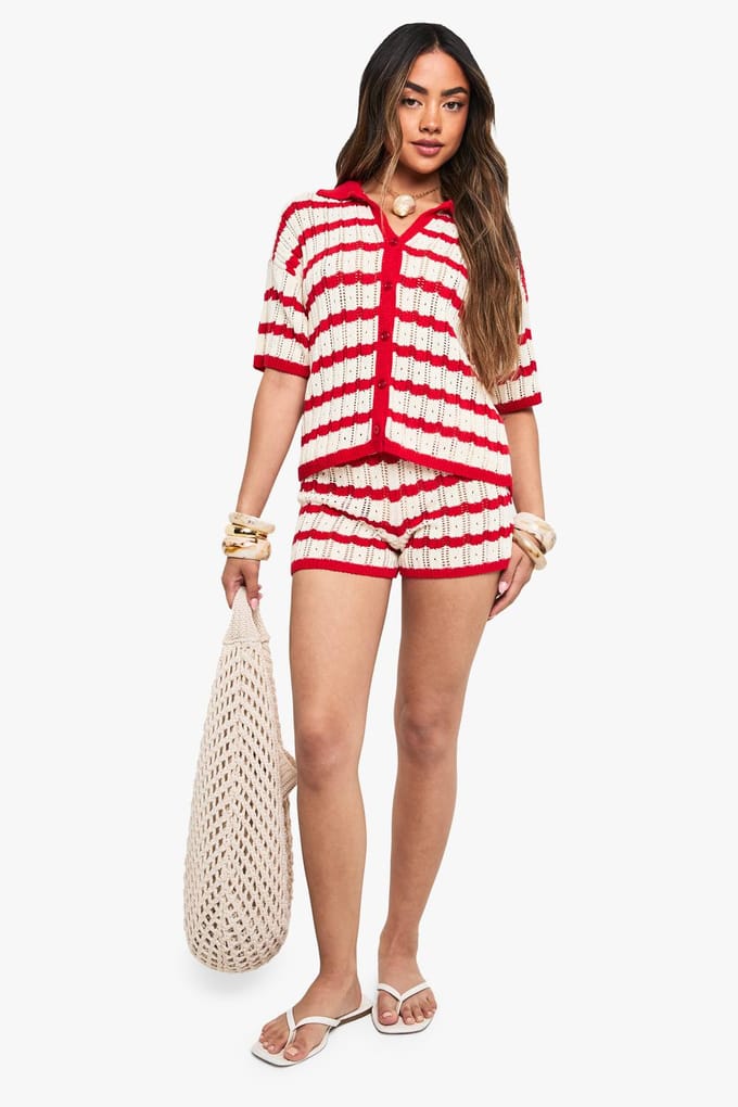 boohoo Dames Gehaakte Gestreepte Blouse Met Kraag En Korte Broek Set | Red | Maat: Medium
