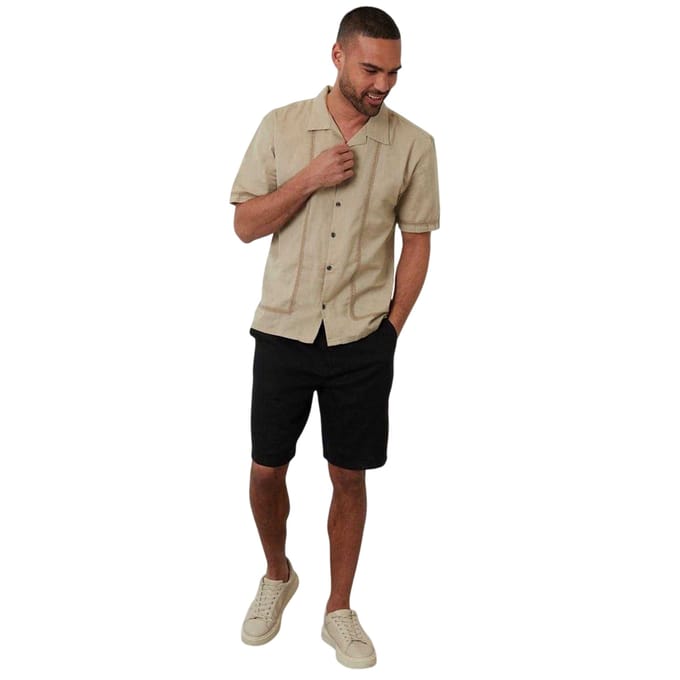 Threadbare Mannen Geborduurde Kraag Korte Mouwen Bowling Shirt (Stone)
