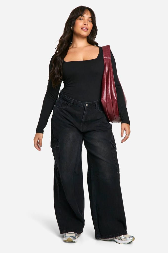 Dames Boohoo Basics Plus Cotton Bodysuit met vierkante hals en lange mouwen | Zwart | Maat: 48