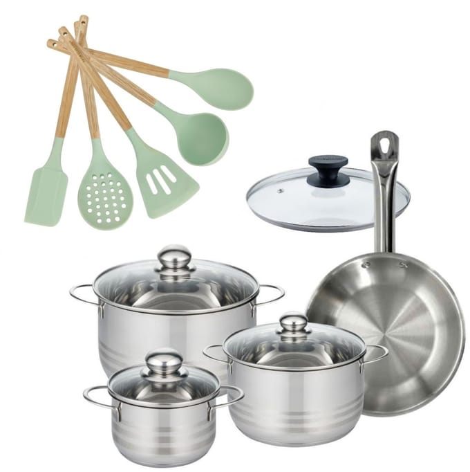 Set Pan 24cm en 3 Kookpotten 16/20/24cm Fackelmann Etherna met 6 keukengerei