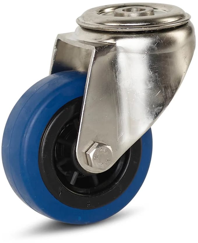 Elastisch rubber RVS zwenkwiel met centraal gat - 80mm - 80kg