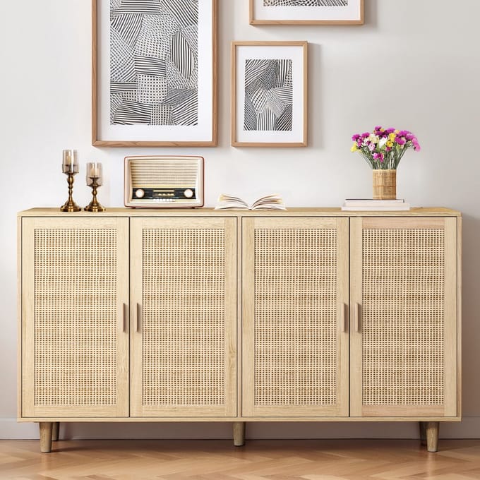 Opbergkast - 158 cm - Rattan Dressoir met 4 Deuren - Elegant en Functioneel - Rattan - Zwart