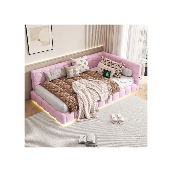 Dagbed, 90*200 cm (zonder matras), 16-kleur sfeerverlichting, USB-interface, imitatieleer, roze