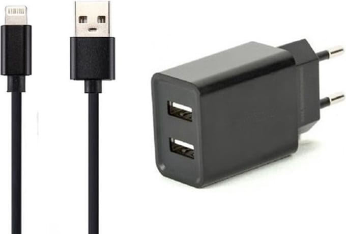 OneOne 2.1A lader met 2 poorten + 3,0m OneOne Lightning kabel. Universele oplader adapter past op Apple iPhone 12 Pro Max, iPhone 13, iPhone 13 Mini, iPhone 13 Pro, iPhone 13 Pro Max, iPhone 14, iPhone 14 Pro, iPhone 14 Pro Max
