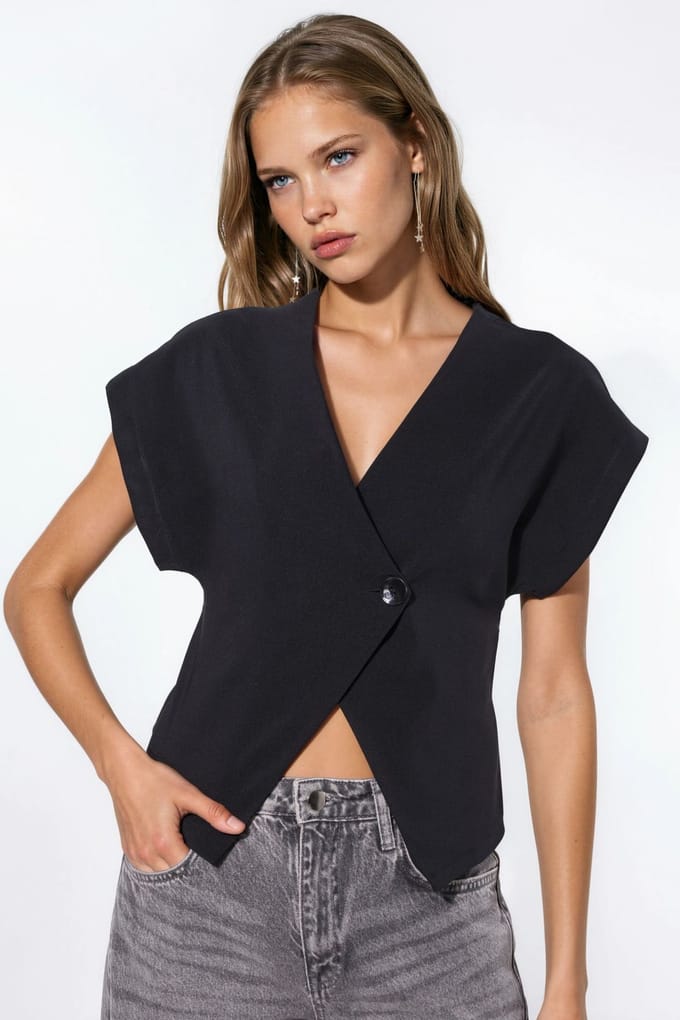 Effen V-hals Korte Mouwen Blouse met Knopen Sluiting
