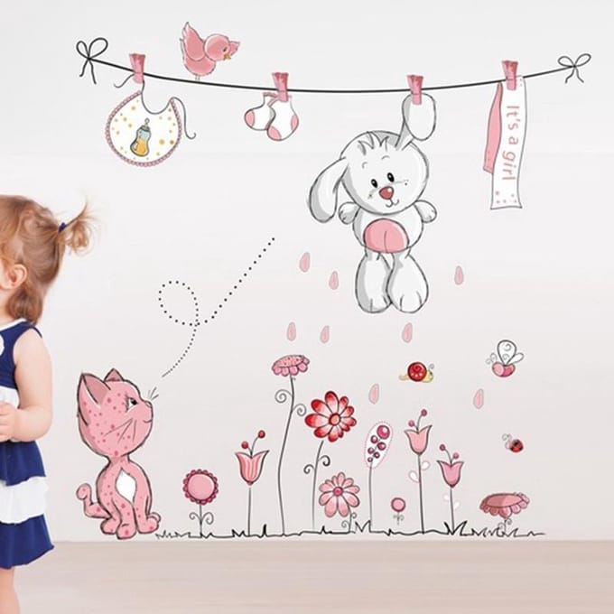 Muursticker Kinderkamer Meisjes - Konijn Aan Waslijn