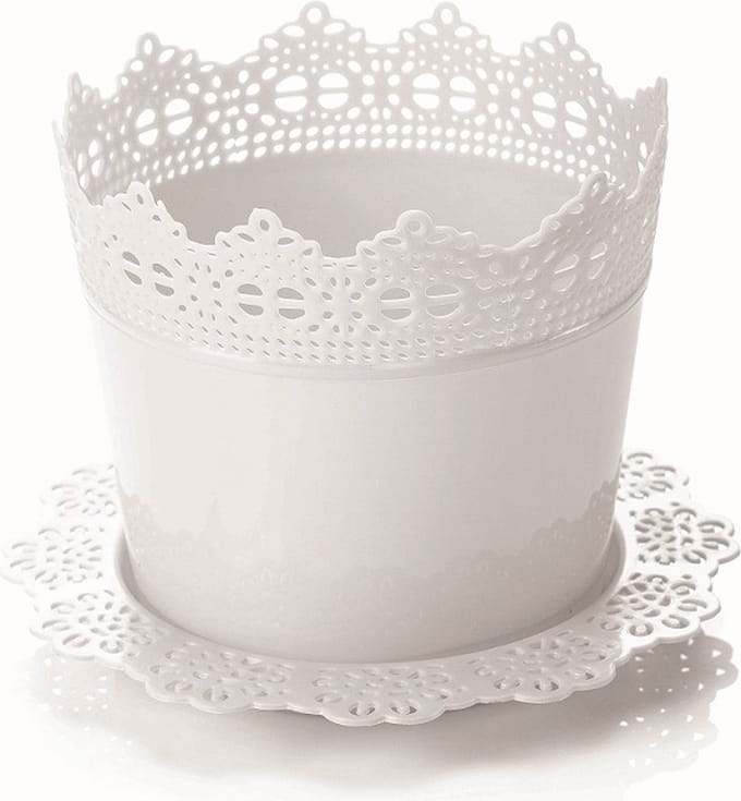 4st Sierlijke bloempotjes met kanteffect witte sierpot 14cm + gratis schaal