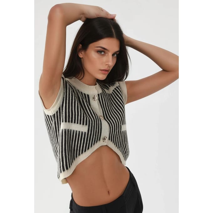 Gestreepte Geribbelde Brei Crop Top met Knopen Sluiting