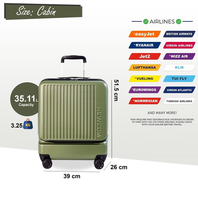 Duurzame EasyJet Ryanair 39 x 26 x 51,5 cm olijfgroene voorkoffer met open cabine