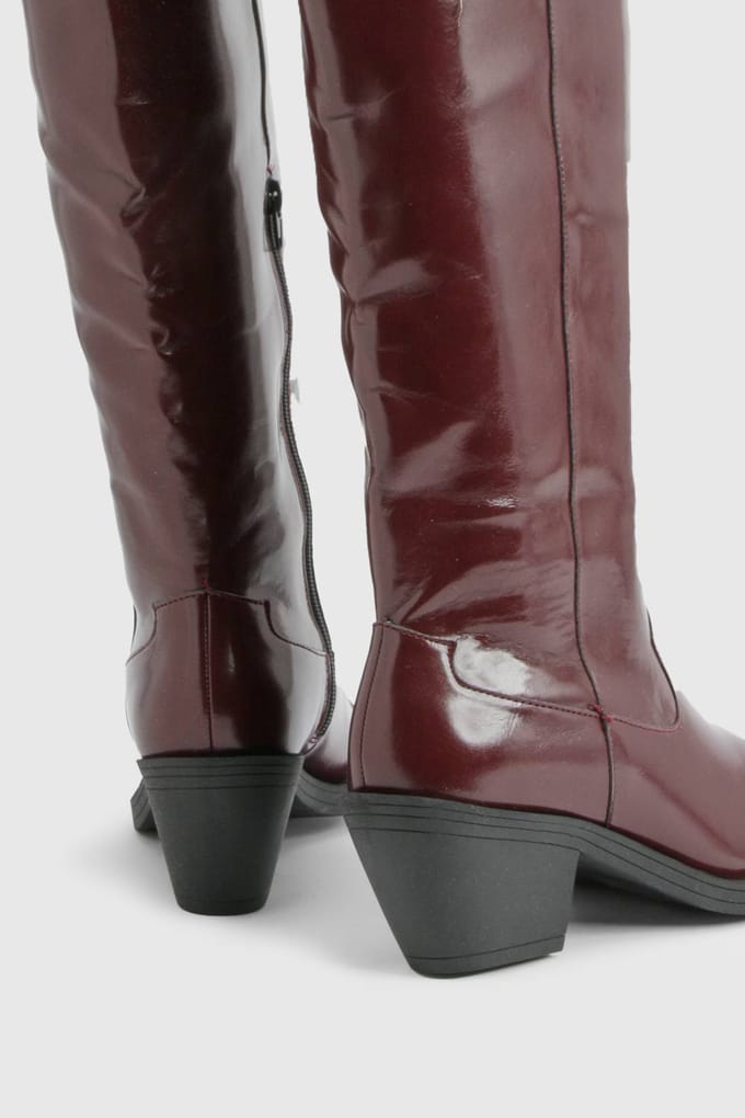 boohoo Dames Western Cowboy Mid Heel Stiefels | Bordeaux Rood | Maat: 38