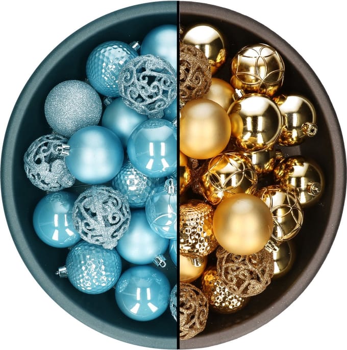 Decoris kerstballen - 74x st - goud en ijsblauw - 6 cm - kunststof