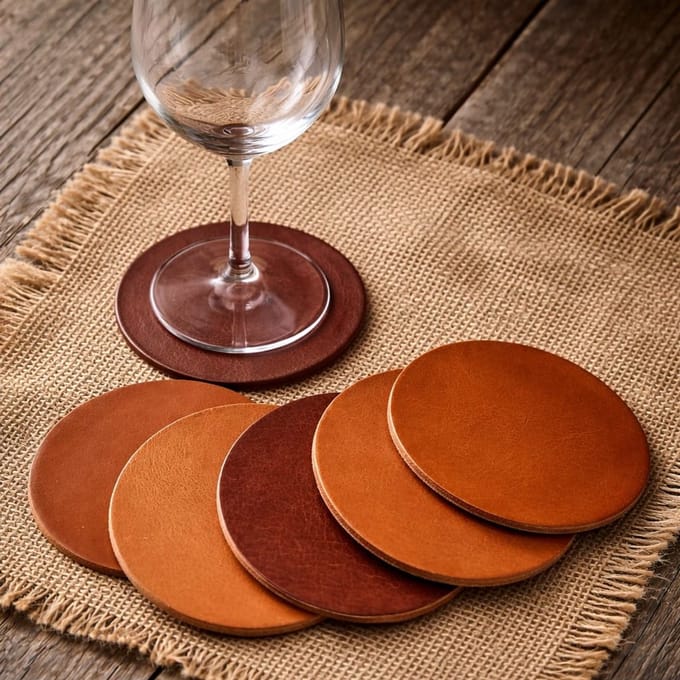 leren onderzetters cognac rond set van 6 stuks