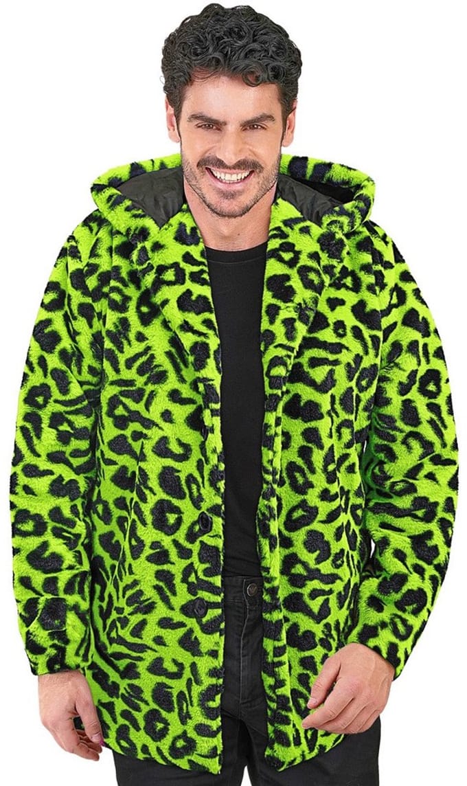 Bontjas met Kap Pluche Luipaard Neon Groen - Maat S-M