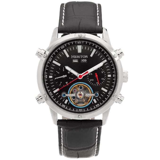 Heritor Automatic Wilhelm Semi-Skelet leren band horloge met dag/datum - Zwart