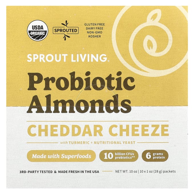 Sprout Living, Probiotische amandelen, cheddar kaas, 10 zakjes, 28 gram (28 gram) per pak