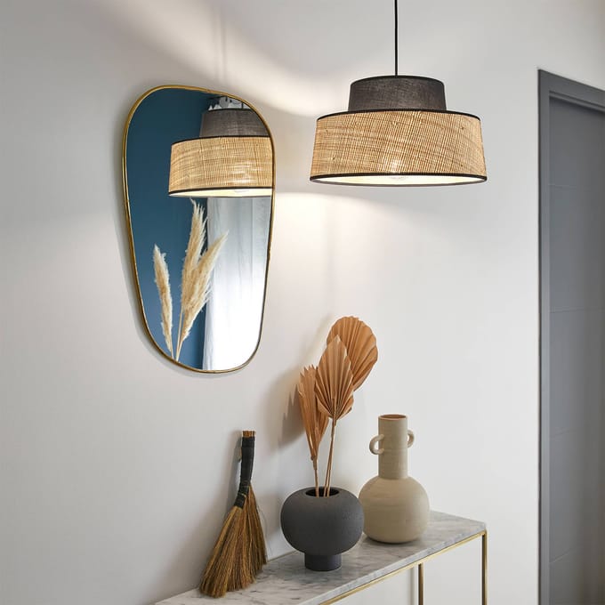 COREP Hanglamp Mallorca, zwart/naturel Ø 38 cm, stof/bast