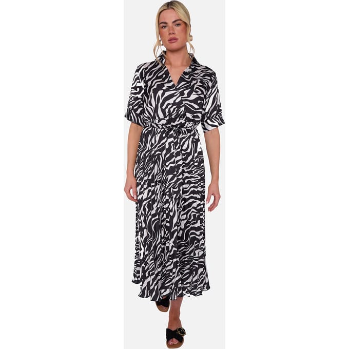 Zwarte zebraprint midi-jurk met plooien en ceintuur