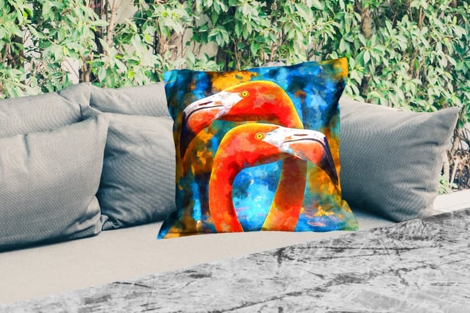 Sierkussen Buiten - Olieverf - Schilderij - Vogel - Flamingo - 60x60 cm - Weerbestendig