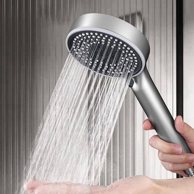 Pommeau de douche rond haute pression à 5 modes, effet pluie, accessoires de salle de bain argenté
