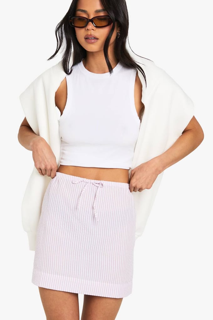 boohoo Dames Seersucker gestreept rok met trekkoord in de taille | Lila | Maat: 34
