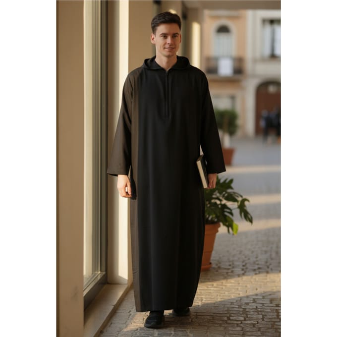 Heren zwarte Eid Marokkaanse Jubba Robe Ramadan Eid Thobe LFS met capuchon - HM12