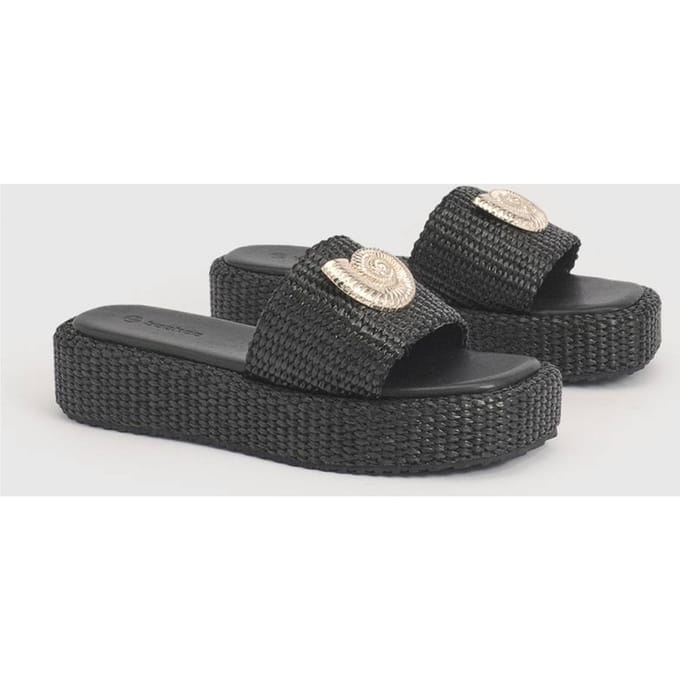 boohoo Dames Platformen Sandalen Met Schelpdetail En Raffia | Black | Maat: 4