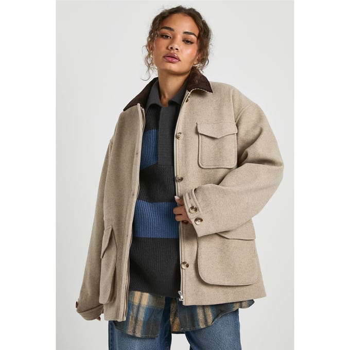boohoo Dames Shacket met contrasterende kraag en wollen look | Stone | Maat: 10