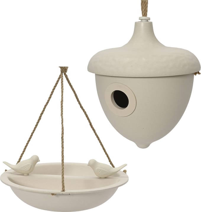 Decoris Vogelhuisje en voederschaal/vogelbadje - wit - bamboe - nestkastje