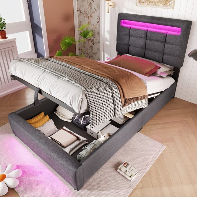 Gestoffeerd bed - 90x200cm - APP afstandsbediening - met LED-verlichting - zonder matras - met USB-aansluiting - grijs