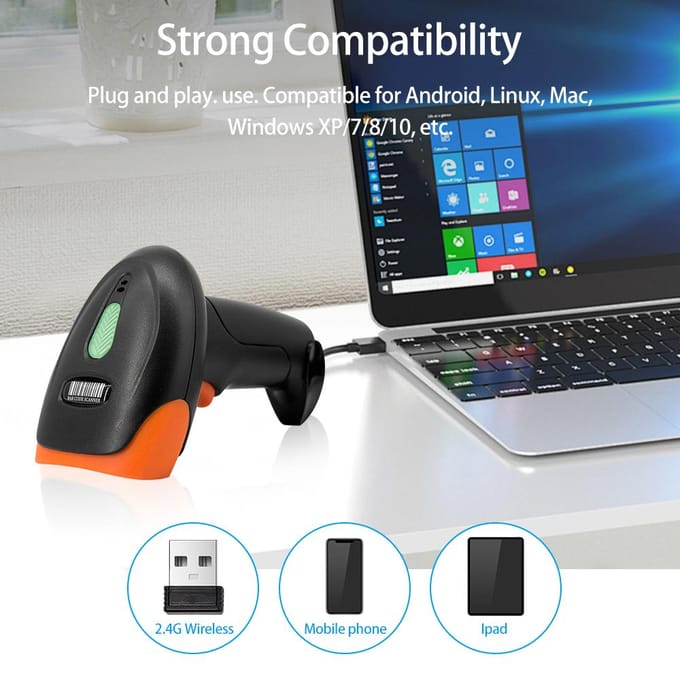 Handheld 1D2DQR Barcodescanner BT+2.4G Draadloos USB Bedraad Barcodelezer Handmatig Continu USB & 2.4G Connect rood zwarte kleur