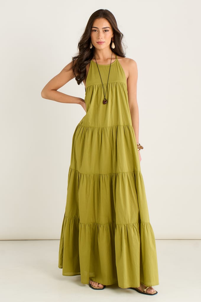 Kaki gelaagde halter-maxi-trapezejurk