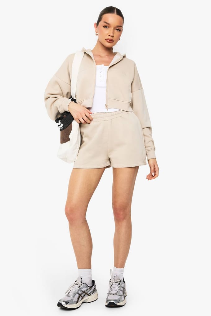 boohoo Dames High Waist Sweatshort Met Interne Trekkoord | Steen | Maat: Medium