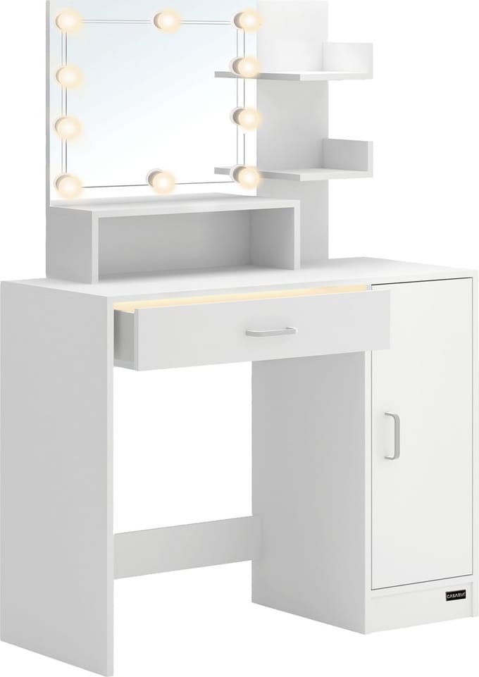 Casaria Make up tafel Jocelyn - Lade Spiegel LED 3 Planken 140x110 - Wit