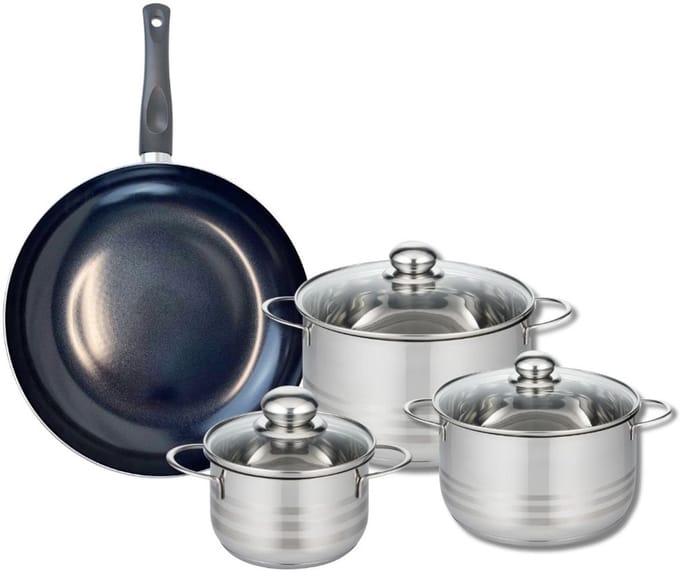 Set van 1 Koekenpan 32 cm en 3 kookpotten 16, 20 en 24 cm Elo Prima Glanzend